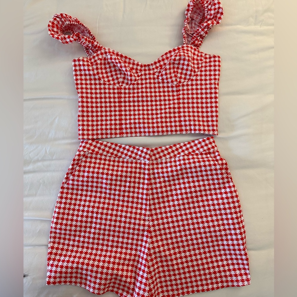 LPA Edetta Short & Top Set in Red Houndstooth Gingham Summer Set - Picture 3 of 4